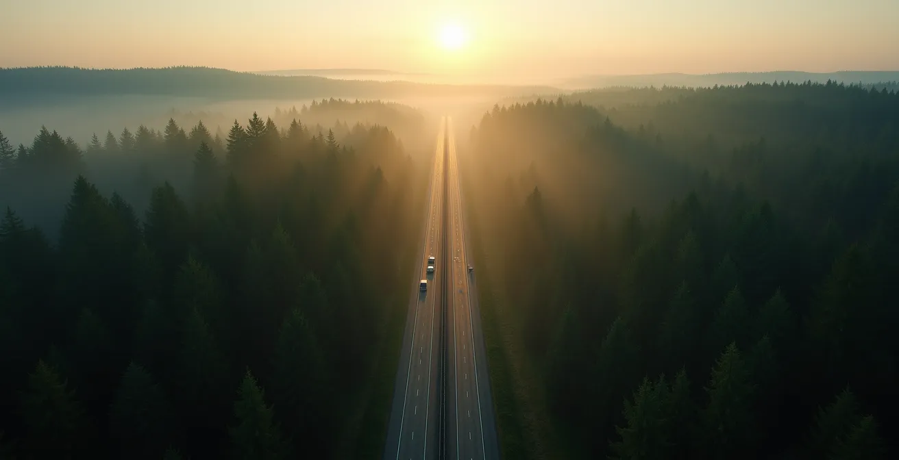 Luftaufnahme eines durch Autobahn zerschnittenen Waldgebiets mit erkennbarem Wildtierkorridor